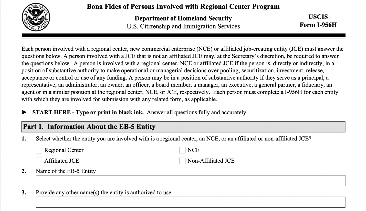 USCIS BAN HÀNH MẪU ĐƠN I-956 VÀ I-956H CHỈ ĐỊNH TRUNG TÂM VÙNG EB5