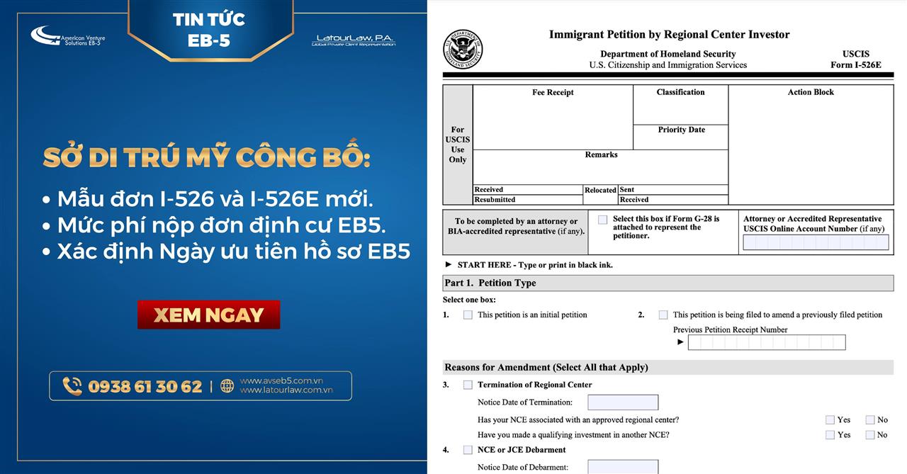 TIN TỨC EB5 VỀ MẪU ĐƠN I-526 VÀ I-526E THEO LUẬT MỚI